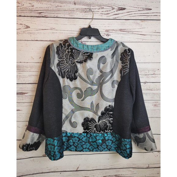 Julia Ku Blazer Bohemian Women's Jacket Blue Black Gray Floral Metallic Size 2X - Picture 9 of 13